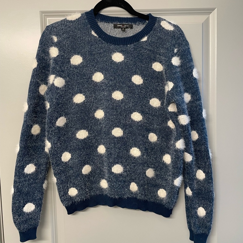 Romeo & Juliet Couture Blue and White Fuzzy Polka Dot Sweater